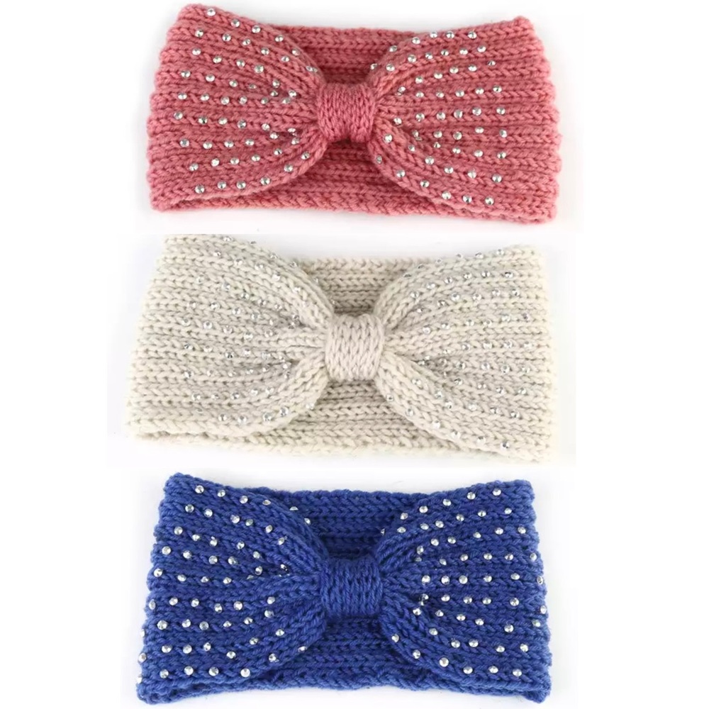 Set of 3 Knit head wraps hair band ear warmer headband wrap knitted rhinestone
